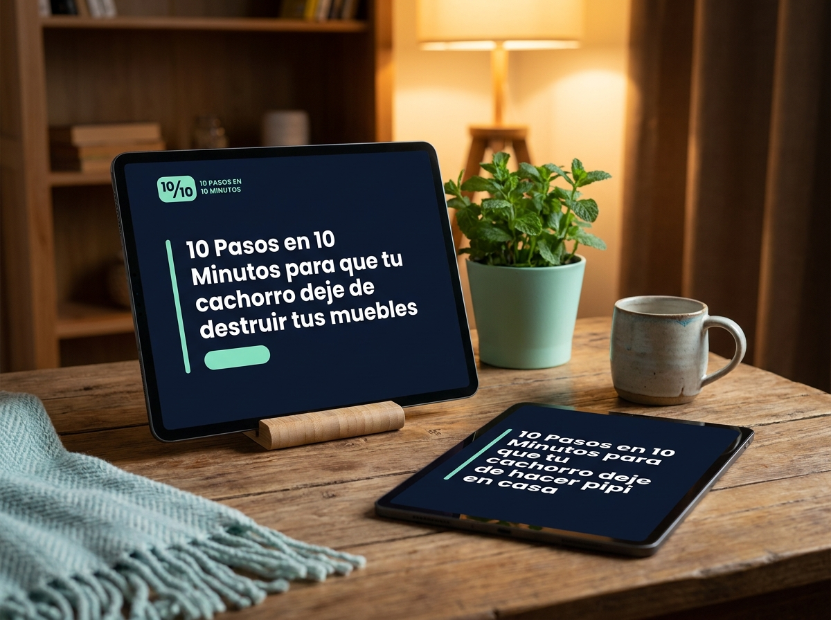 Las dos guías del kit —destrucción y pipí del cachorro— en dos tablets, en un hogar cálido.
